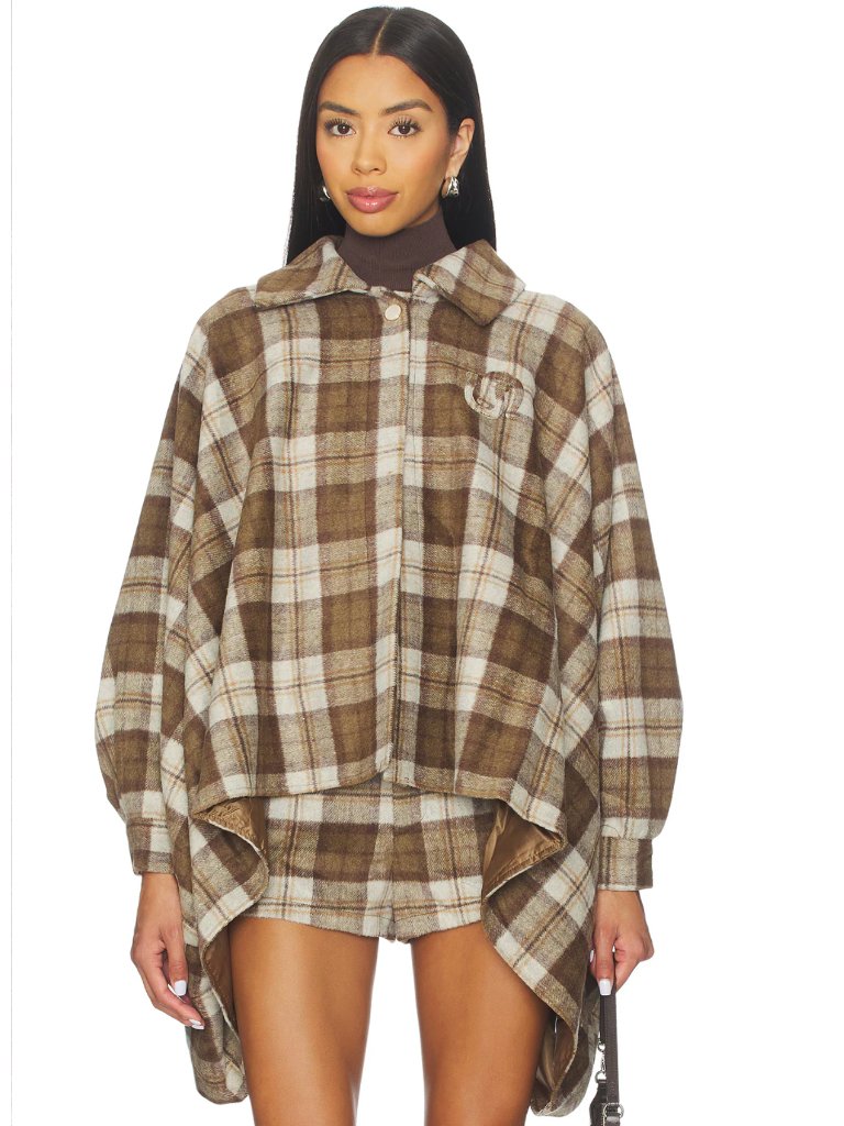 New Understated Leather Plaid Western Cape Cream & Brown Checkered Poncho Jacket